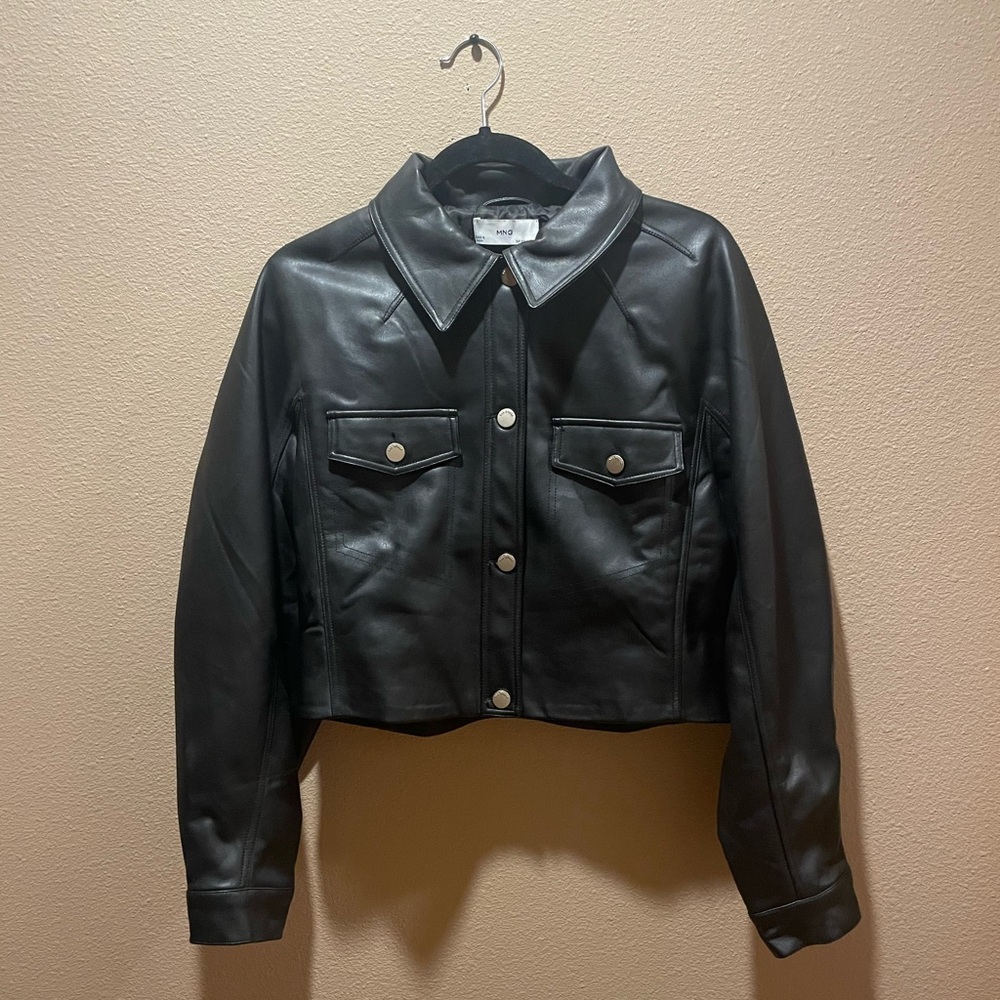 Mango womens cropped button up leather shacket